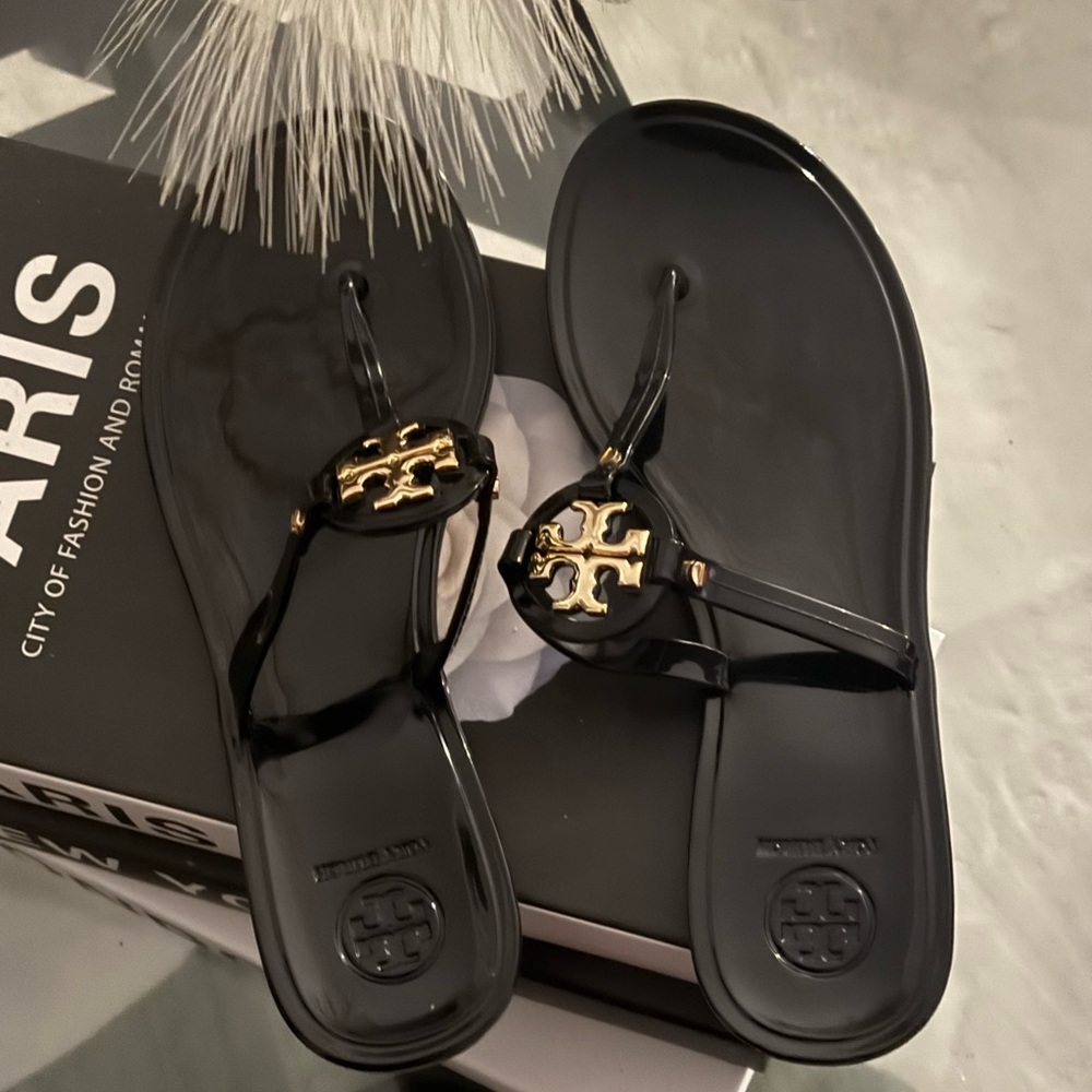Tory Burch Black Sandals with Gold Logo